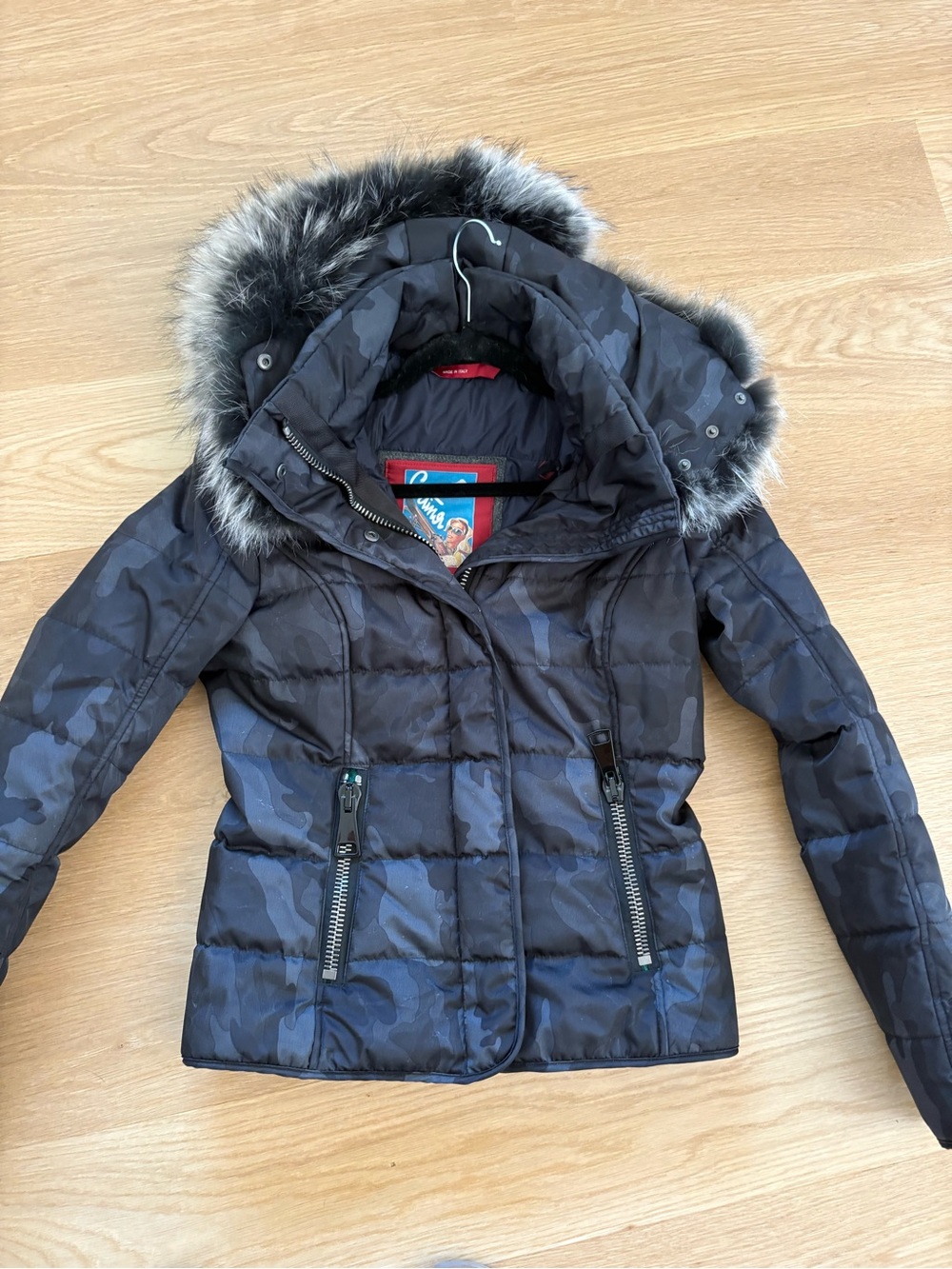 Black Camouflage Quilted Hooded Puffer Jacket with Faux Fur Trim